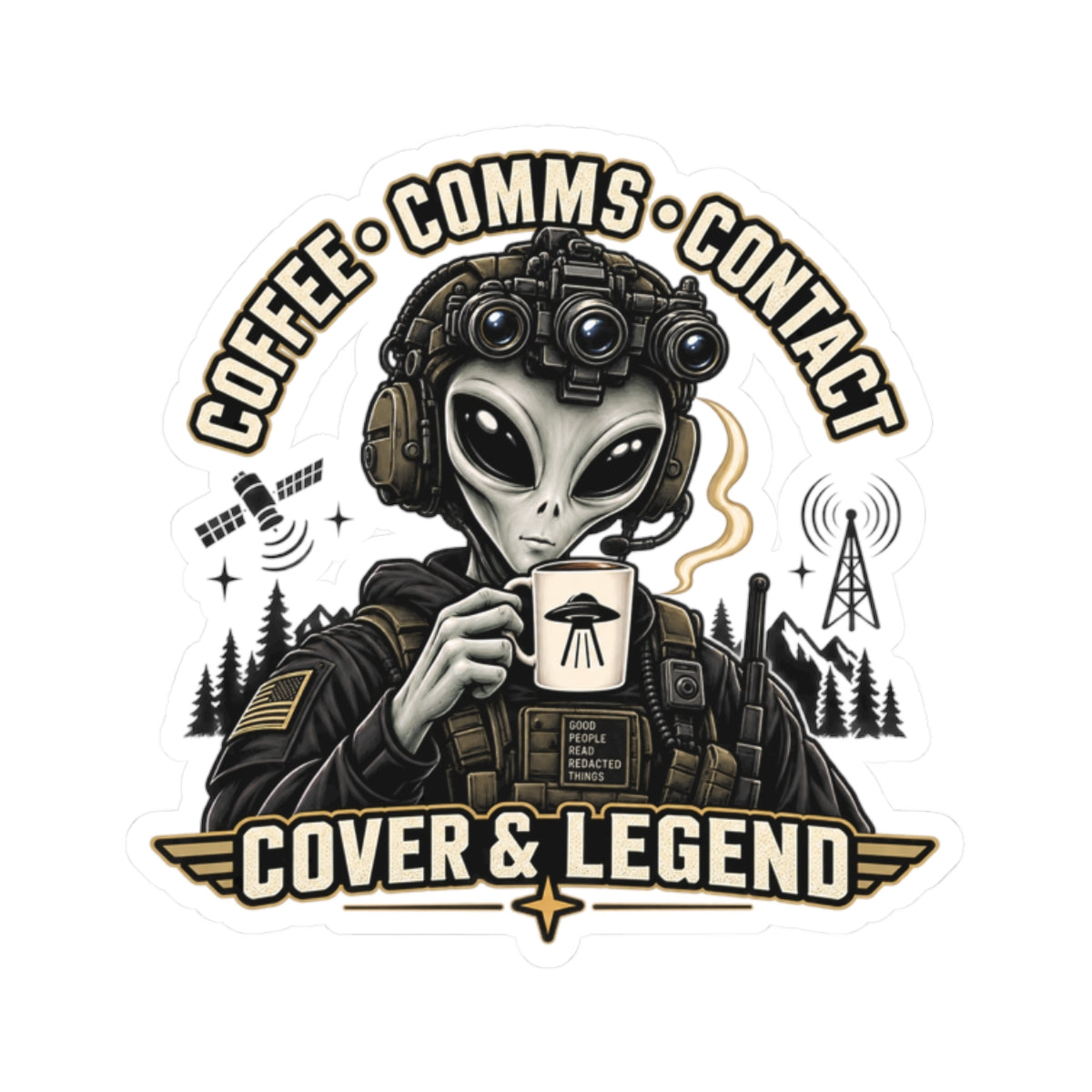 Coffee, Comms, Contact — Sticker
