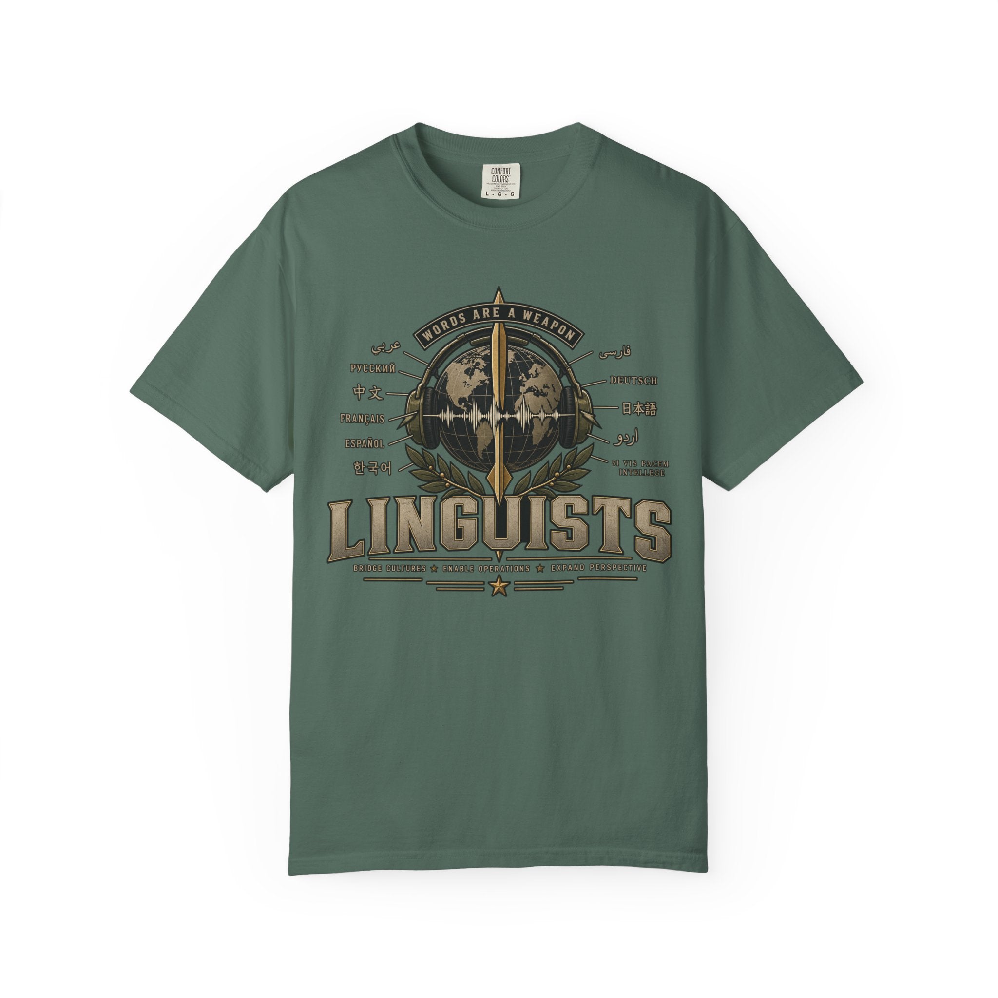 Linguists Graphic T-Shirt — Vintage Globe & Pen Design for Language Lovers