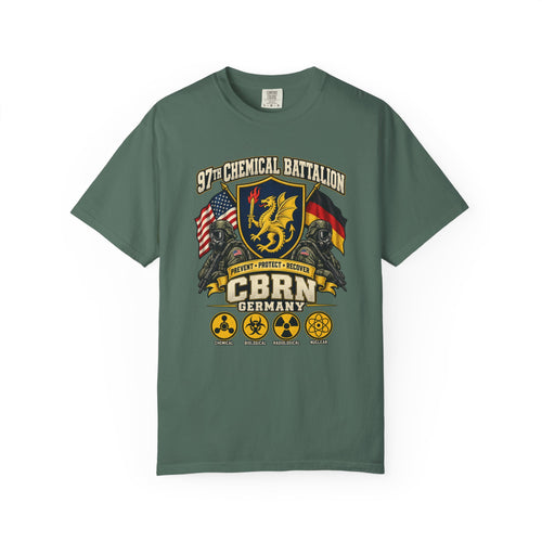 97th Chemical Battalion CBRN Germany T-Shirt — Military Crest, Flags & Hazard Symbols